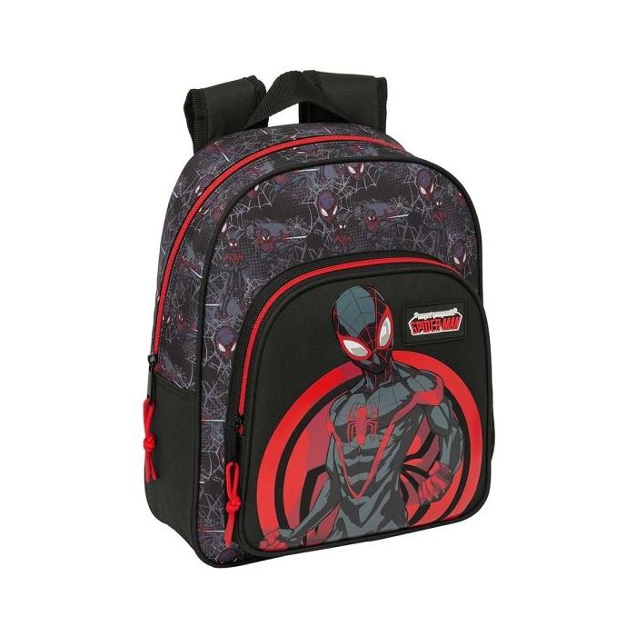 Safta Miles Morales Mochila Infantil - Adaptable a Carro - Portabotellas - Hombreras Acolchadas - Bolsillo Frontal - Asa Superior - 9L - 270x100x330mm - Color Negro y Rojo
