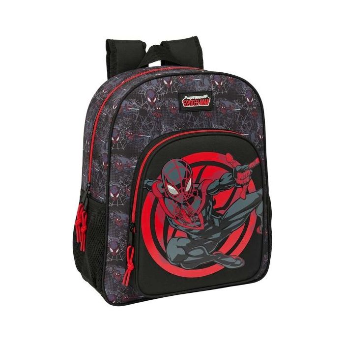 Safta Miles Morales Mochila - Adaptable a Carro - Portabotellas - Tirador Doble - Hombreras Ergonomicas Acolchadas - Bolsillo Frontal - Asa de Mano Superior - 15L - 320x120x380mm - Color Negro y Rojo