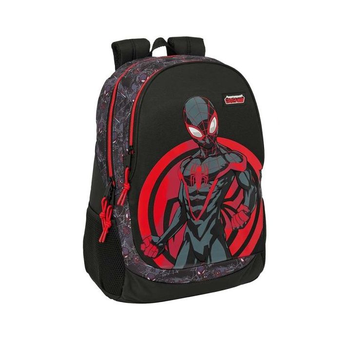 Safta Miles Morales Mochila Adaptable a Carro - Portabotellas - Compartimentos Grandes - Tirador Doble - Hombreras Ergonomicas - Asa de Mano Superior - 23L - 320x160x440mm - Color Negro y Rojo
