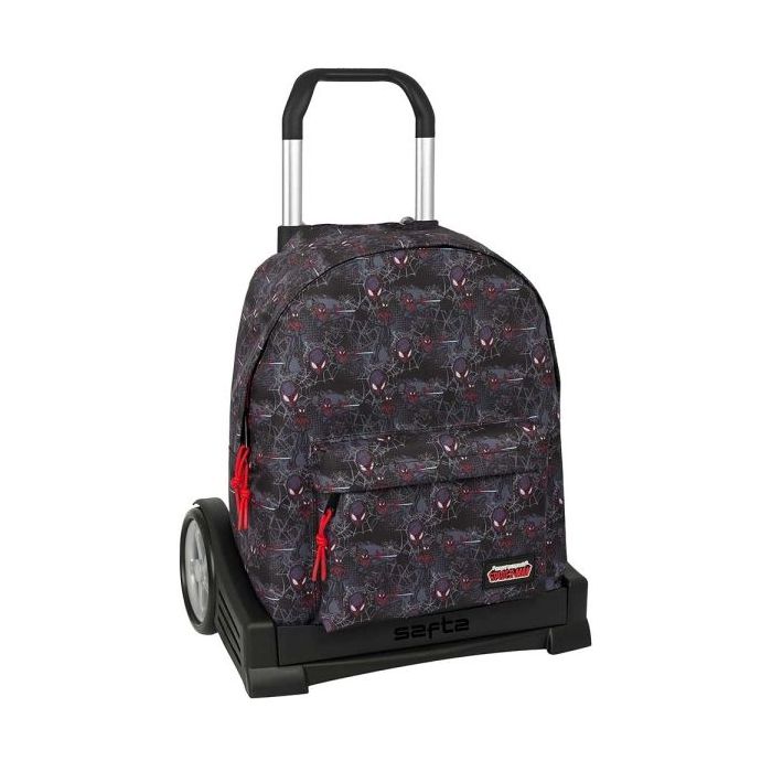 Safta Miles Morales Mochila con Carro - Cremallera - Tirador Doble - Asa Superior - Mochila Extraible - Carro con Ruedas - Ruedas Antivibracion - 20.79L - 330x150x420mm - Color Negro y Rojo