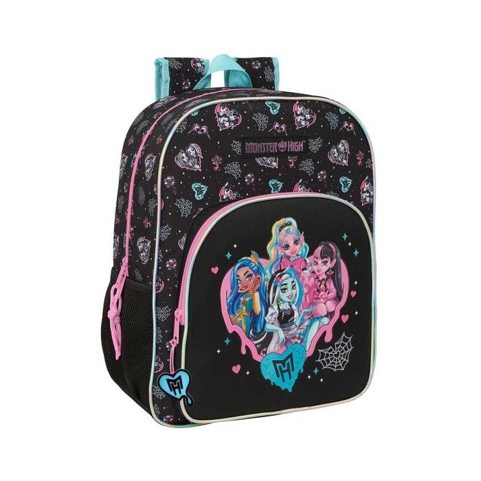 Safta Monster High Mochila Adaptable a Carro - Portabotellas - Tirador Doble - Hombreras Ergonomicas Acolchadas - Bolsillo Frontal - Asa de Mano Superior - 19L - 330x140x420mm - Color Negro