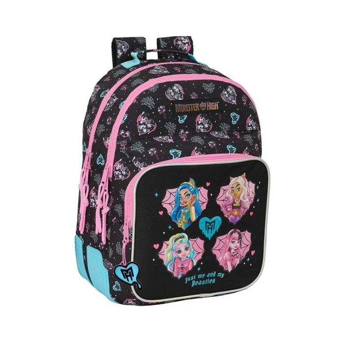 Safta Monster High Mochila con 2 Compartimentos - Antirozaduras - Adaptable a Carro - Bolsillo Frontal - Portabotellas - Tirador Doble - Hombreras Ergonomicas - 20L - 320x150x420mm - Color Negro