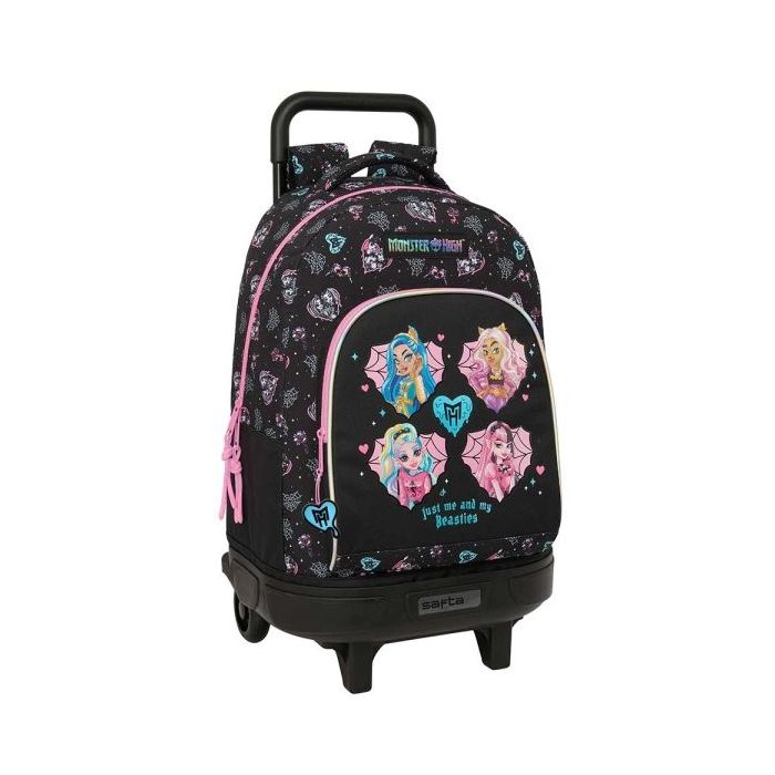Safta Monster High Mochila con Carro - Extraible - 2 Compartimentos - Bolsillo Frontal - Portabotellas - Hombreras Acolchadas - Faldon Cubre Ruedas - Tarjeta ID - 33L - 330x220x450mm - Color Negro