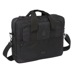 Safta Real Madrid Premium Maletin para Portatil hasta 15.6" - Bolsillo para Tablet - Organizadores - Bandolera Ajustable - Mosquetones - Sistema para Candado - 11L - 400x90x330mm - Color Negro