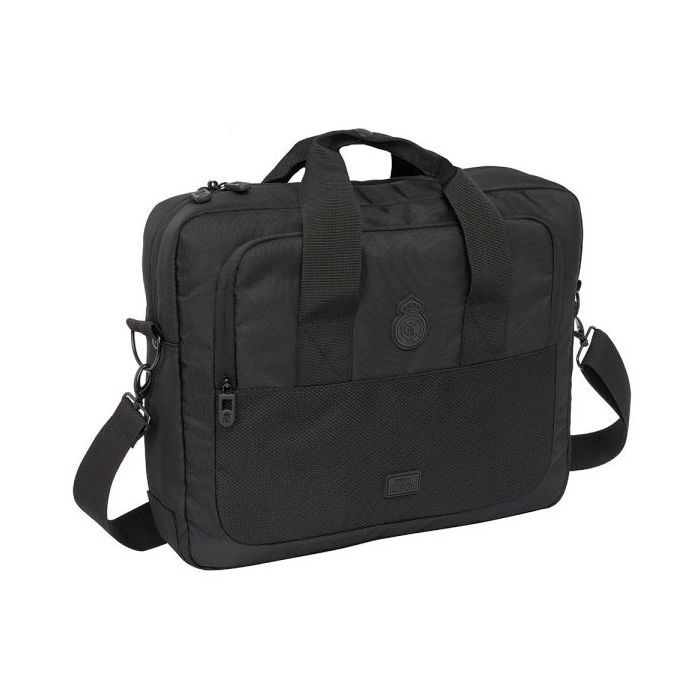 Safta Real Madrid Premium Maletin para Portatil hasta 15.6" - Bolsillo para Tablet - Organizadores - Bandolera Ajustable - Mosquetones - Sistema para Candado - 11L - 400x90x330mm - Color Negro