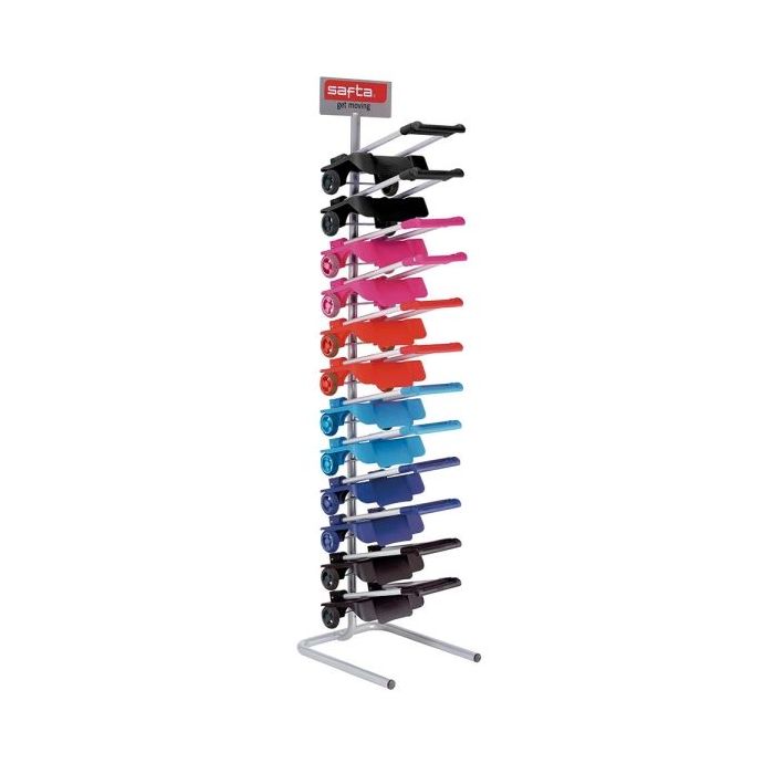 Safta Expositor con 12 Carros Portamochilas - Ruedas Antivibracion - Plegable y Compacto - Sistema Antivuelco - Sujecion Universal - 32x16x44cm - Colores Surtidos