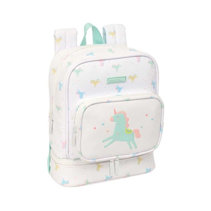 Safta Unicornio Mochila Guarderia - Isotermica - Tarjeta ID - Compartimento Termo - Compatible con Carrito - Asa de Mano - 7.25L - 220x100x270mm - Color Blanco