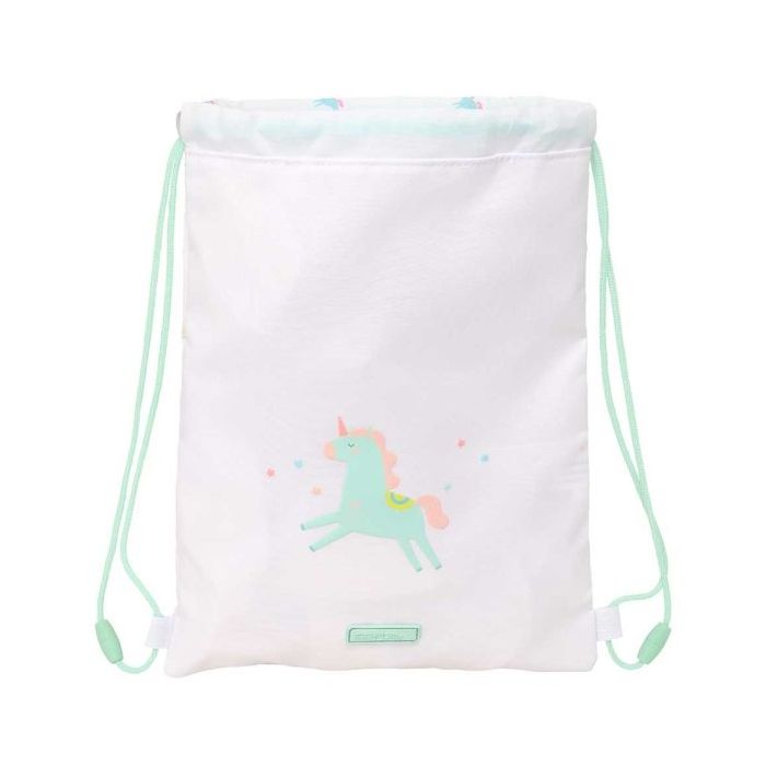 Safta Unicornio Saco Plano - Bolsillo con Cremallera - Cierre con Cordones - 3L - Material Seguro - Ligero y Portatil - 260x10x340mm - Color Blanco