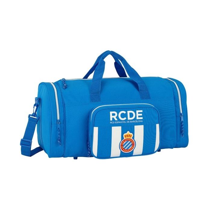 Safta RCD Espanyol Bolsa de Deporte - Bandolera Ajustable - Cremallera Doble - Bolsillo Frontal - Bolsillos Laterales - Fondo Semirigido - Tacos en Base - 550x270x260mm - Color Azul y Blanco