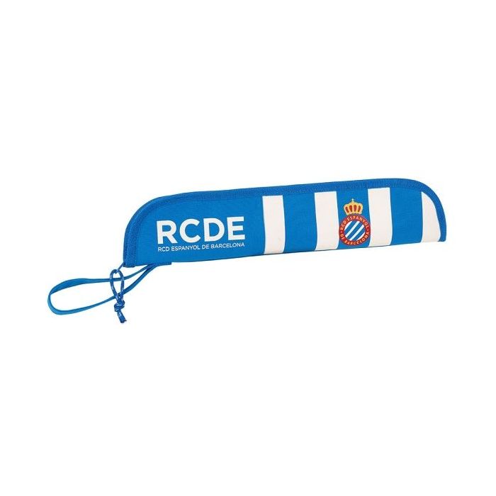 Safta RCD Espanyol Portaflautas - Interior Acolchado - Alojamiento para Varilla - Asa Lateral - Borde Reforzado - 0.6L - 370x20x80mm - Color Azul y Blanco