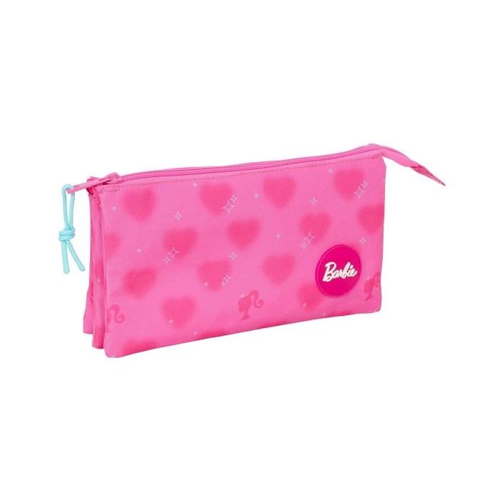 Safta Barbie Corazones Portatodo - 3 Compartimentos con Cremalleras - Bolsillo Interior - 0.6L - 220x30x120mm - Color Rosa