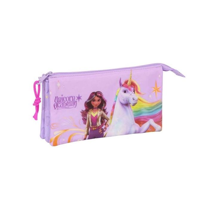 Safta Unicorn Academy Portatodo - 3 Compartimentos con Cremalleras - Bolsillo Interior - 0.6L - 220x30x120mm - Color Rosa