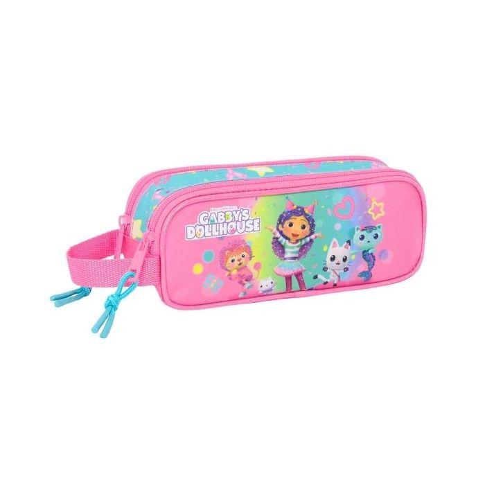 Safta Gabby's Dollhouse Confetti Portatodo - 2 Compartimentos con Cremalleras - Asa Lateral - 1L - 210x60x80mm - Color Rosa