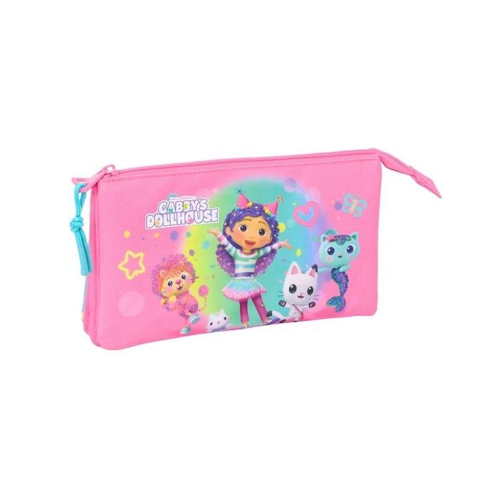 Safta Gabby's Dollhouse Confetti Portatodo - 3 Compartimentos con Cremalleras - Bolsillo Interior - 0.6L - 220x30x120mm - Color Rosa