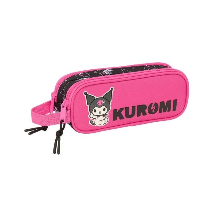 Safta Kuromi Portatodo - 2 Compartimentos con Cremalleras - Asa Lateral - 1L - 210x60x80mm - Color Negro y Rosa