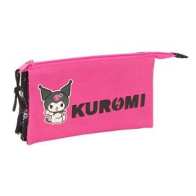 Safta Kuromi Portatodo - 3 Compartimentos con Cremalleras - Bolsillo Interior - 0.6L - 220x30x120mm - Color Negro y Rosa