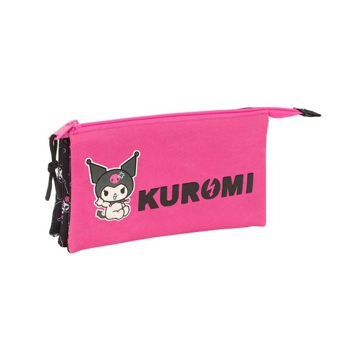 Safta Kuromi Portatodo - 3 Compartimentos con Cremalleras - Bolsillo Interior - 0.6L - 220x30x120mm - Color Negro y Rosa