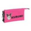 Safta Kuromi Portatodo - 3 Compartimentos con Cremalleras - Bolsillo Interior - 0.6L - 220x30x120mm - Color Negro y Rosa