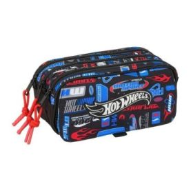 Safta Hot Wheels Portatodo - 3 Compartimentos con Cremalleras - Bolsillo Frontal - Cinta Adaptable - 1.72L - 215x80x100mm - Color Azul