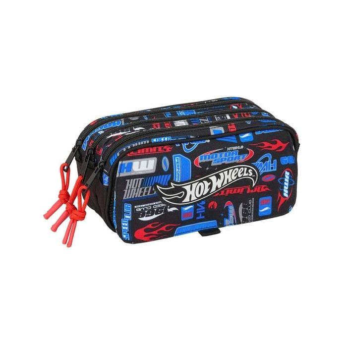 Safta Hot Wheels Portatodo - 3 Compartimentos con Cremalleras - Bolsillo Frontal - Cinta Adaptable - 1.72L - 215x80x100mm - Color Azul
