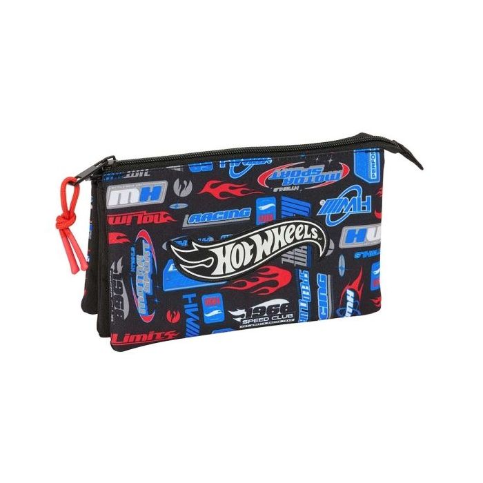 Safta Hot Wheels Portatodo - 3 Compartimentos con Cremalleras - Bolsillo Interior - 0.6L - 220x30x120mm - Color Azul