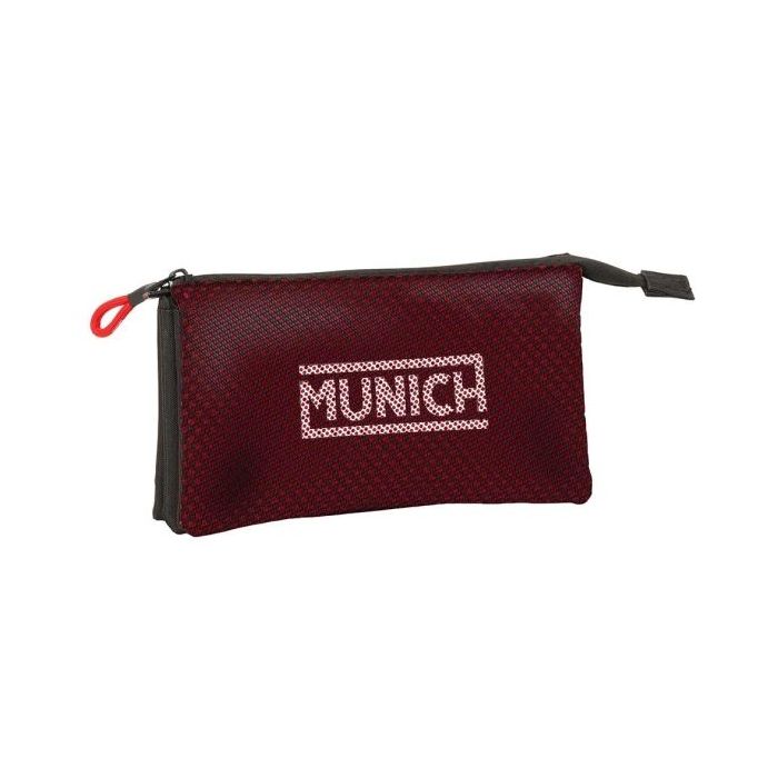 Safta Munich Vulcan Portatodo - 3 Compartimentos con Cremalleras - Bolsillo Interior - 0.6L - 220x30x120mm - Color Negro y Rojo