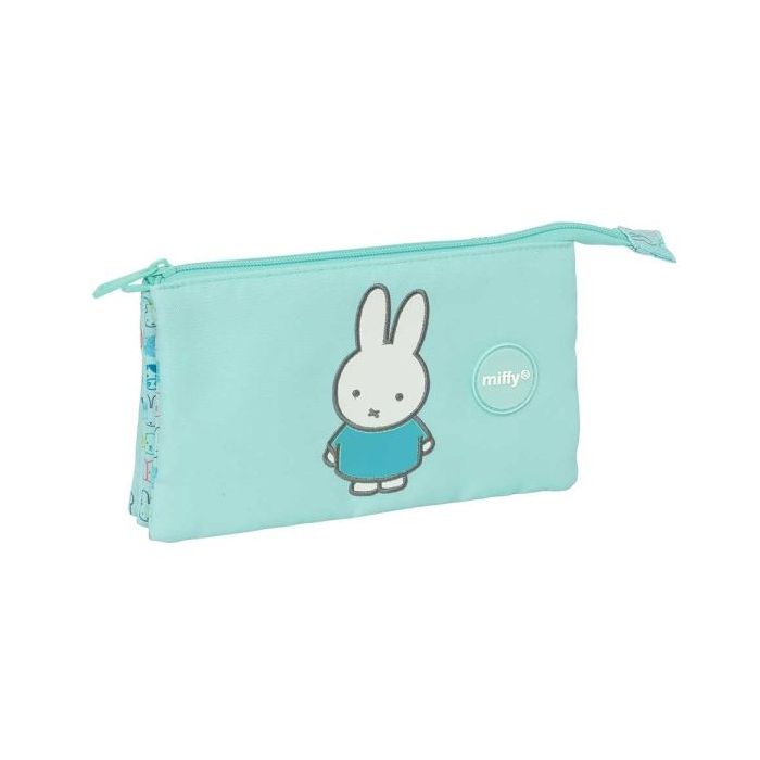 Safta Miffy Friends Portatodo - 3 Compartimentos con Cremalleras - Bolsillo Interior - Resistente al Agua - Material Reciclado - 0.6L - 220x30x120mm - Color Azul Claro