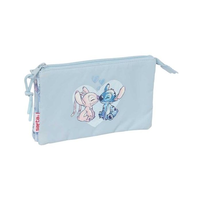 Safta Stitch Portatodo - 3 Compartimentos con Cremalleras - Bolsillo Interior - 0.6L - 220x30x120mm - Color Azul Claro