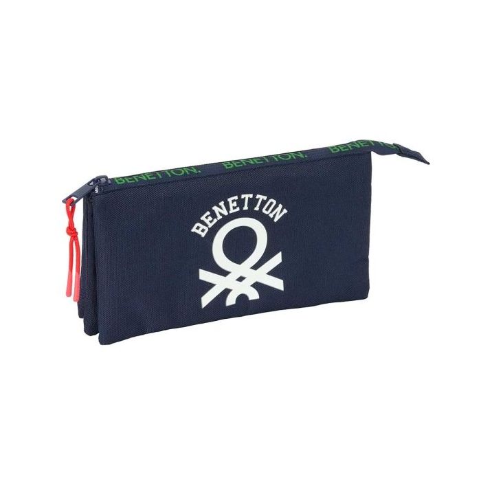 Safta Benetton Together Portatodo - 3 Compartimentos con Cremalleras - Bolsillo Interior - 0.6L - 220x30x120mm - Color Azul Marino