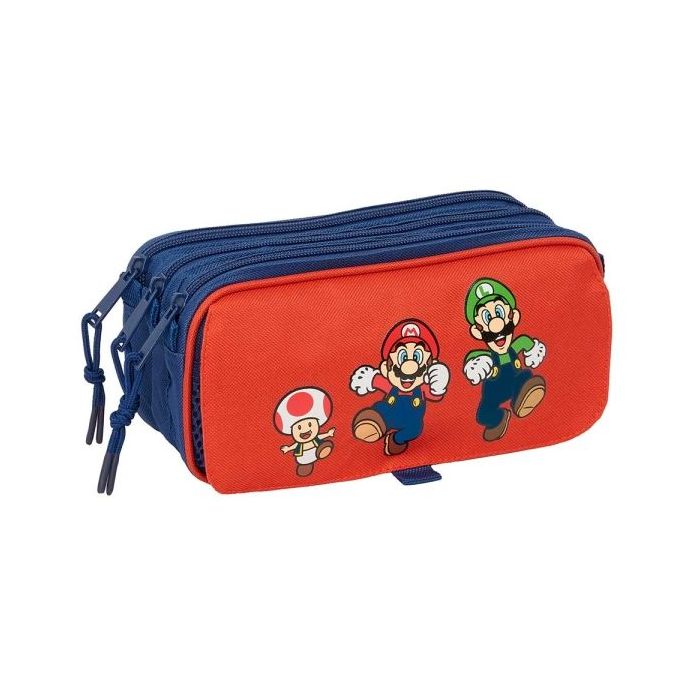 Safta Super Mario Mamma Mia Portatodo - 3 Compartimentos con Cremalleras - Bolsillo Frontal - Cinta Adaptable - 1.72L - 215x80x100mm - Color Rojo y Azul