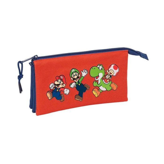 Safta Super Mario Mamma Mia Portatodo - 3 Compartimentos con Cremalleras - Bolsillo Interior - 0.60L - 220x30x120mm - Color Rojo y Azul
