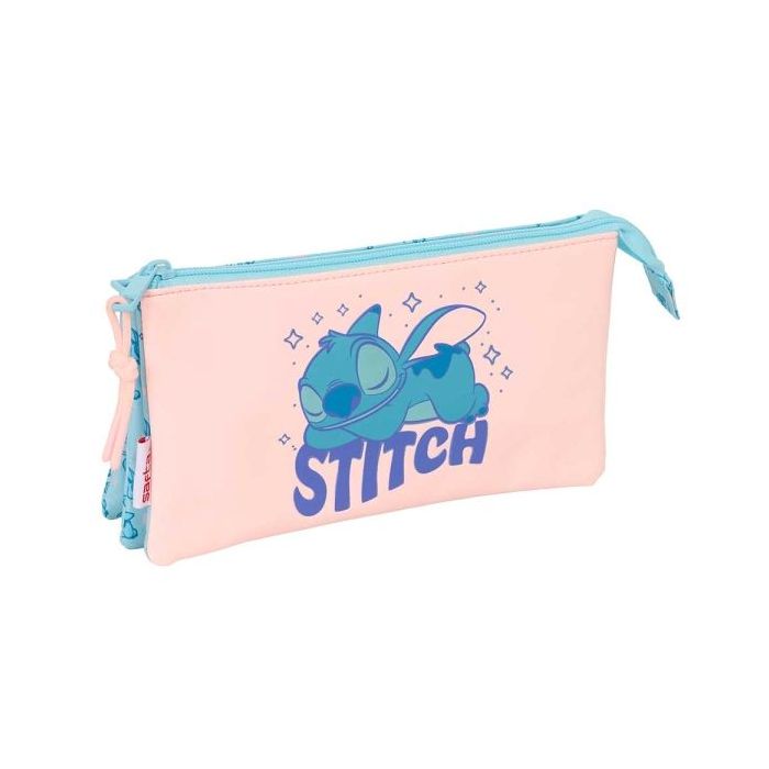Safta Stitch Ohana Portatodo - 3 Compartimentos con Cremalleras - Bolsillo Interior - 0.6L - 220x30x120mm - Color Azul Claro