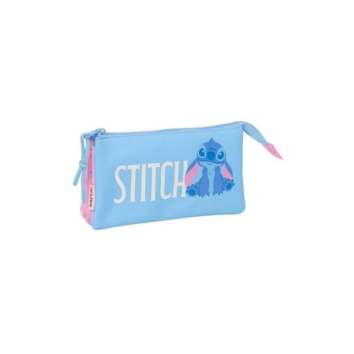 Safta Stitch Bright Portatodo - 3 Compartimentos con Cremalleras - Bolsillo Interior - 0.6L - 220x30x120mm - Color Azul