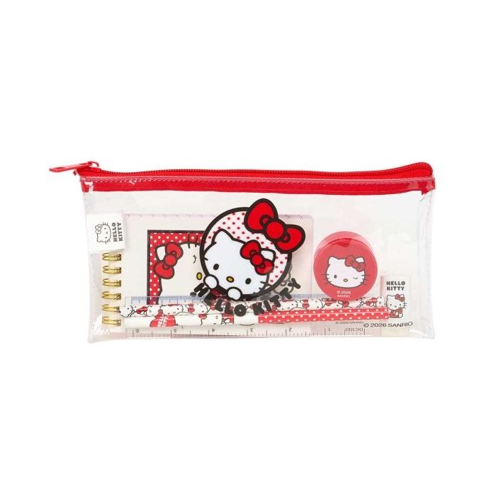 Safta Hello Kitty Pack Escolar con Portatodo de PVC - Cierre ZIP - Regla 15cm - 2 Lapices - Sacapuntas - Goma - Bloc de Notas con 70 Hojas - 225x105mm - Color Transparente