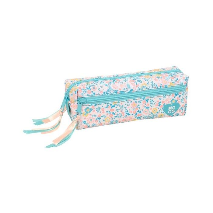 Safta Moos Fiori Portatodo - 3 Compartimentos con Cremalleras - Goma Elastica - Material Reciclado - 0.98L - 220x60x85mm - Color Azul Claro