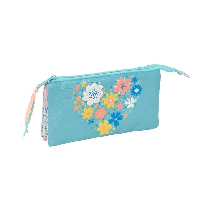 Safta Moos Fiori Portatodo - 3 Compartimentos con Cremalleras - 0.6L - 220x30x120mm - Color Azul Claro