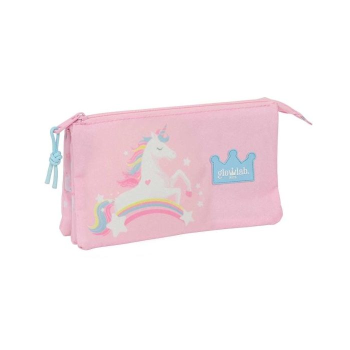Safta Glowlab Kids Portatodo - 3 Compartimentos con Cremalleras - Bolsillo Interior - 0.6L - 220x30x120mm - Color Rosa