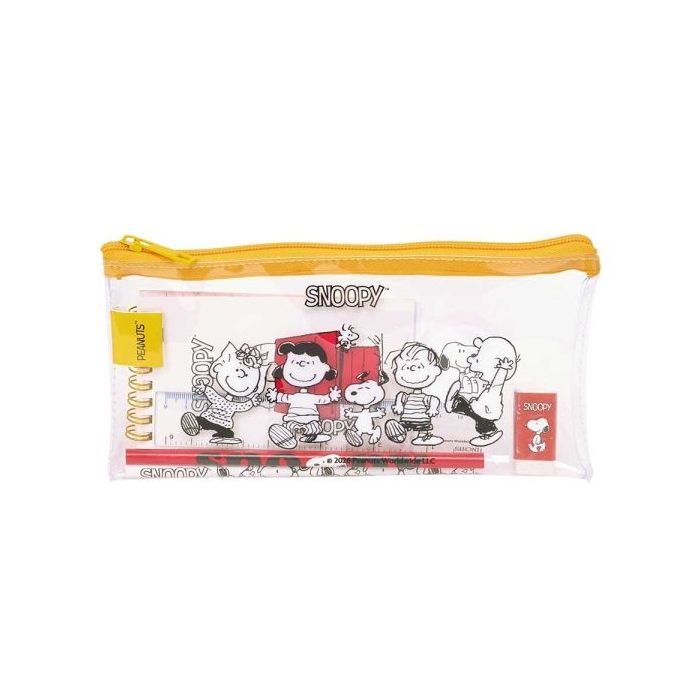 Safta Snoopy Pack Escolar con Portatodo de PVC - Cierre ZIP - Regla 15cm - 2 Lapices - Sacapuntas - Goma - Bloc de Notas con 70 Hojas - 225x105mm - Color Transparente