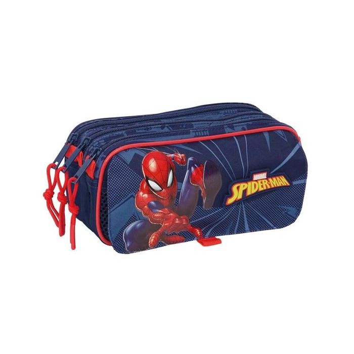 Safta Spider-Man Portatodo - 3 Compartimentos con Cremalleras - Bolsillo Frontal - Cinta Adaptable - 1.72L - 215x80x100mm - Color Azul Marino