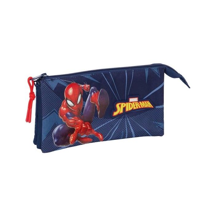 Safta Spider-Man Portatodo - 3 Compartimentos con Cremalleras - Bolsillo Interior - 0.6L - 220x30x120mm - Color Azul Marino