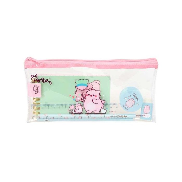 Safta Pembe The Pink Cat Pack Escolar con Portatodo de PVC - Cierre ZIP - Regla 15cm - 2 Lapices - Sacapuntas - Goma - Bloc de Notas con 70 Hojas - 225x105mm - Color Transparente