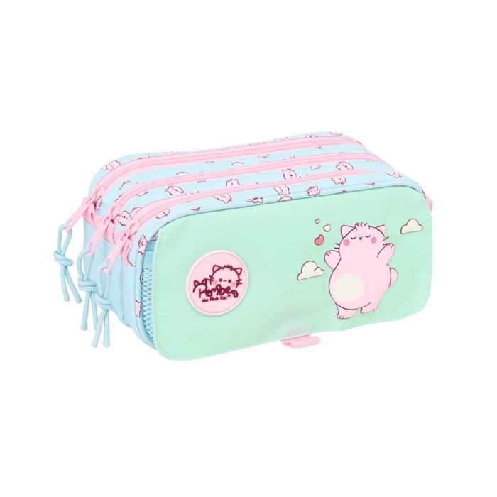 Safta Pembe The Pink Cat Portatodo - 3 Compartimentos con Cremalleras - Bolsillo Frontal - Cinta Adaptable - 1.72L - 215x80x100mm - Color Menta