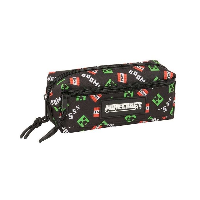 Safta Minecraft Portatodo - 3 Compartimentos con Cremalleras - Goma Elastica - 0.98L - 220x60x85mm - Color Negro