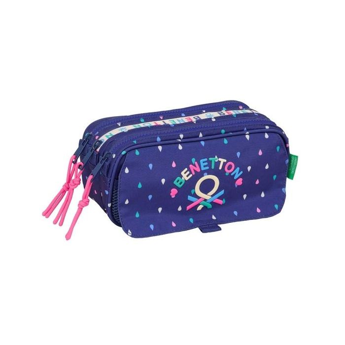 Safta Benetton Drop Portatodo - 3 Compartimentos con Cremalleras - Bolsillo Frontal - Cinta Adaptable - 1.72L - 215x80x100mm - Color Azul Oscuro