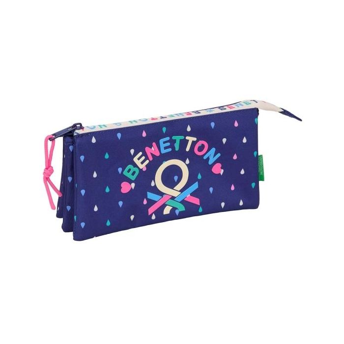 Safta Benetton Drop Portatodo - 3 Compartimentos con Cremalleras - Bolsillo Interior - 0.6L - 220x30x120mm - Color Azul Oscuro