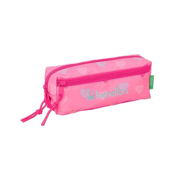 Safta Benetton Heart Portatodo - 3 Compartimentos con Cremalleras - Goma Elastica - 0.98L - 220x60x85mm - Color Rosa