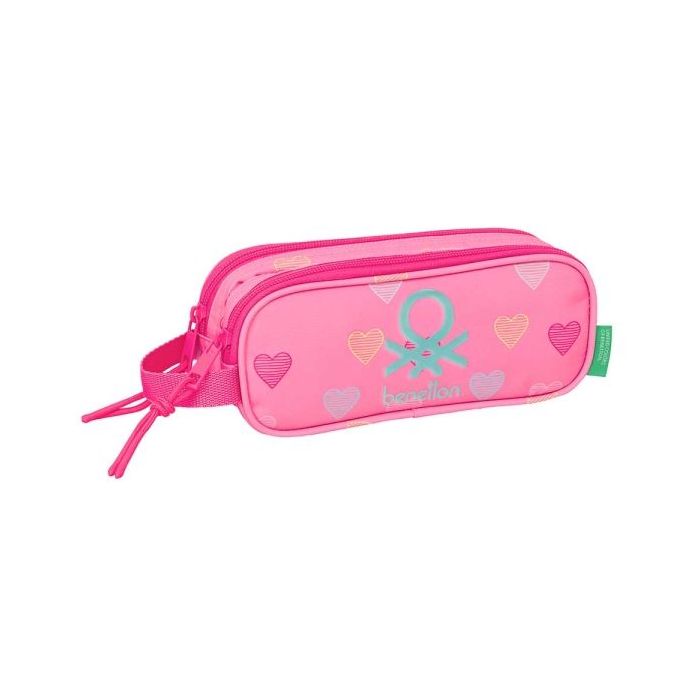 Safta Benetton Heart Portatodo - 2 Compartimentos con Cremalleras - Asa Lateral - 1L - 210x60x80mm - Color Rosa