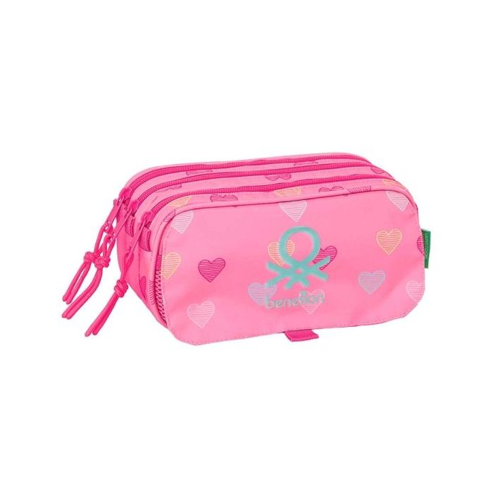Safta Benetton Heart Portatodo - 3 Compartimentos con Cremalleras - Bolsillo Frontal - Cinta Adaptable - 1.72L - 215x80x100mm - Color Rosa
