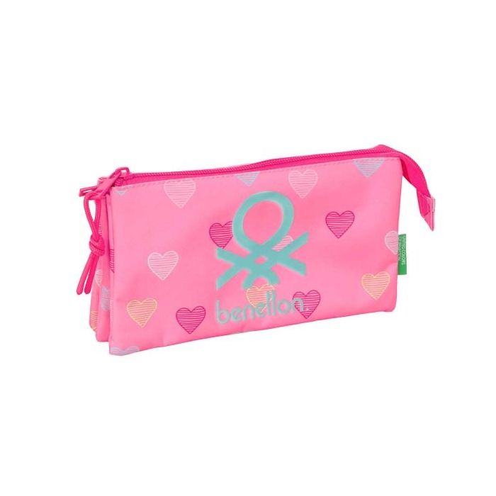 Safta Benetton Heart Portatodo - 3 Compartimentos con Cremalleras - Bolsillo Interior - 0.6L - 220x30x120mm - Color Rosa
