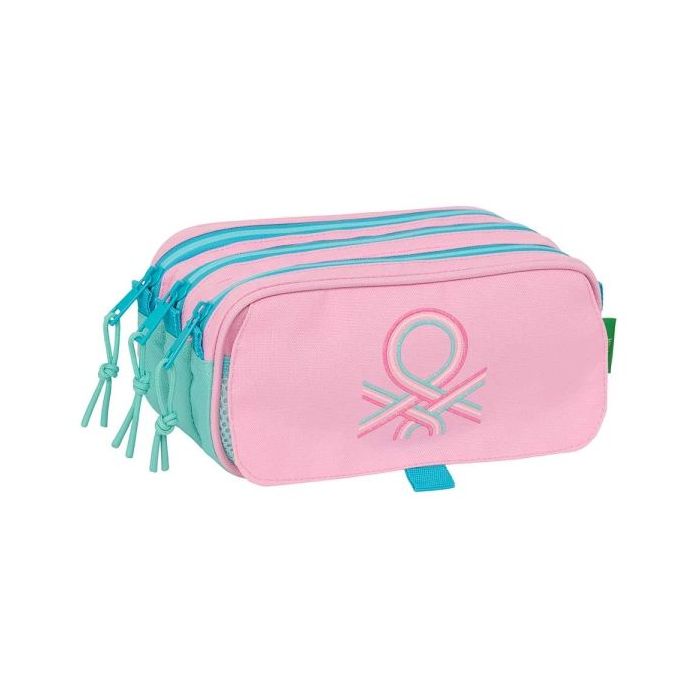 Safta Benetton Dolce Portatodo - 3 Compartimentos con Cremalleras - Bolsillo Frontal - Cinta Adaptable - 1.72L - 215x80x100mm - Color Rosa Pastel
